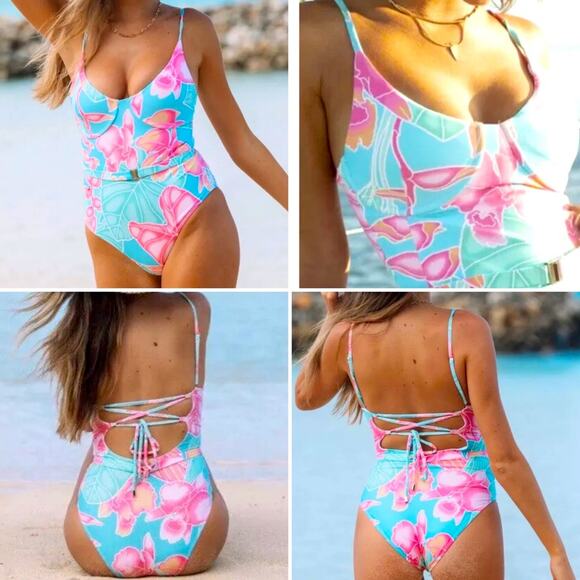 Kenny Flowers Other - NEW Watercolors by Kenny Flowers $158 Hibiscus Belted One Piece Swimsuit MED NWT
